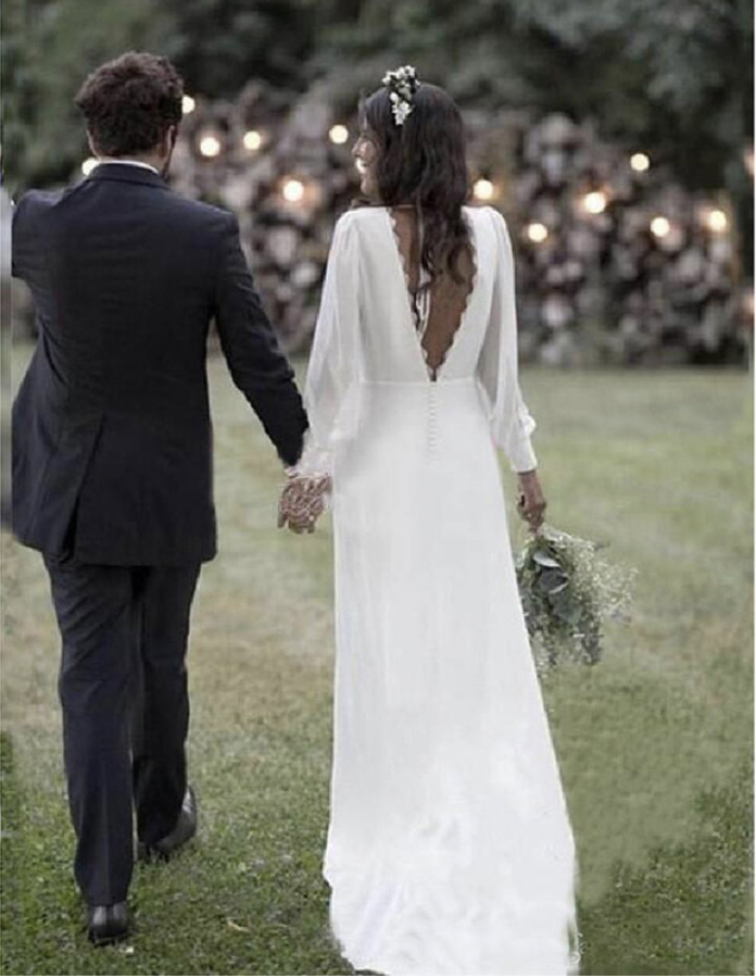 Elegant Boho Wedding Dress Bohemian Long Sleeve V Neck Chiffon Hollow Back or Length Casual Bridal Gowns Vestido De Noiva