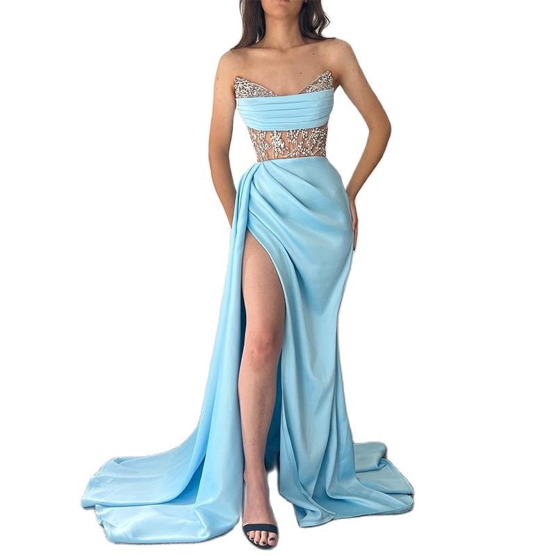 Simple Crystal Mermaid Evening Dresses Strapless Sleeveless Beads Prom Dress Elegant High Split Formal Party Gowns