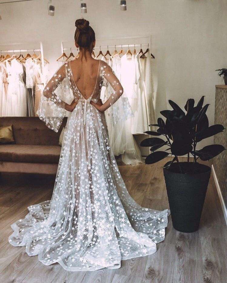 Glittering Star A e Deep V-neck Bride Beach Boho Gowns New Wedding Party Dresses