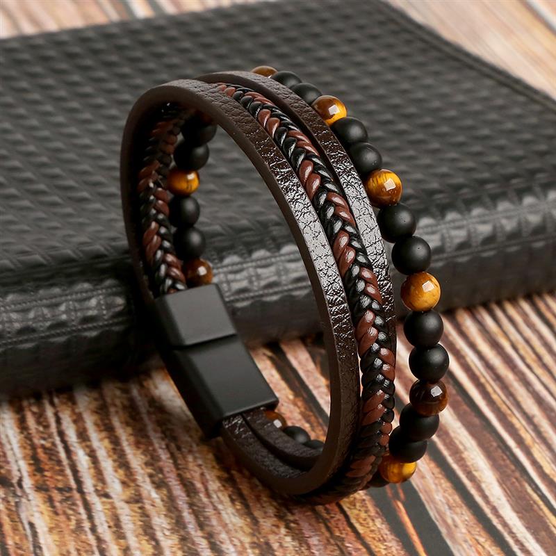 Classic Fashion Tiger Eye Beaded Multi Layer Leather Bracelet For Men Jewelry