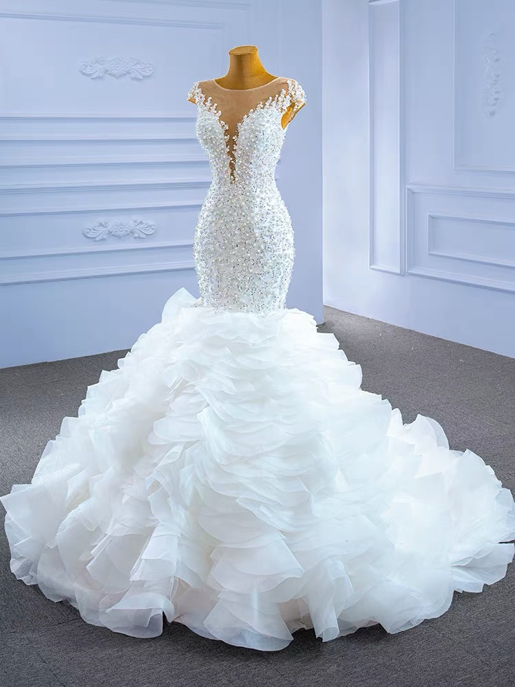 2023 African beaded Mermaid Wedding Gowns Beaded Embroidery sequined Lace Wed Dresses Sweep Train Organza Bridal Gown Formal Robes De Marie
