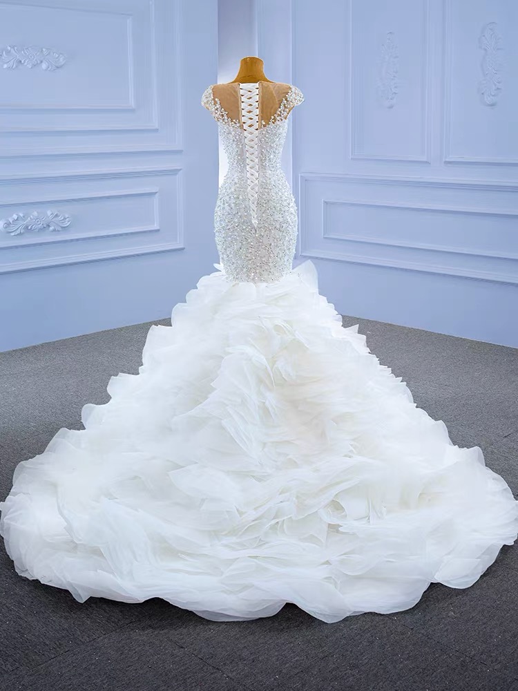 2023 African beaded Mermaid Wedding Gowns Beaded Embroidery sequined Lace Wed Dresses Sweep Train Organza Bridal Gown Formal Robes De Marie