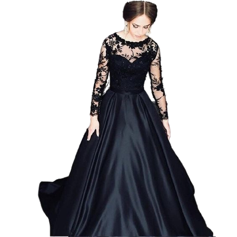 Black Gothic Wedding Dress Long Sleeves A-Line Satin Bridal Gowns Lace Appliques Sheer Crew Neck Vintage Country Bride Robe De Marriage 2023