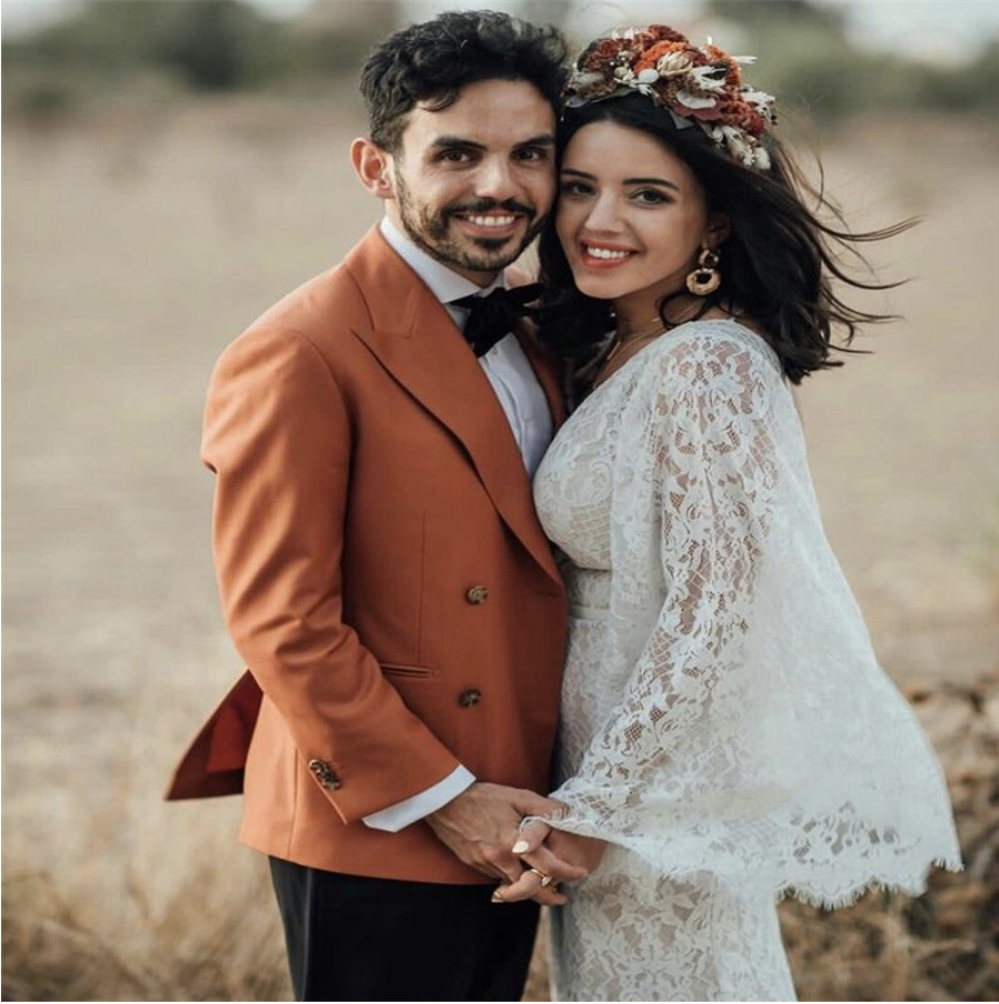Boho Wedding Dress Mermaid Lace Long Flare Sleeve Open Backless Deep V Neck Hippie Bridal Gowns Bohemian vestido de noiva