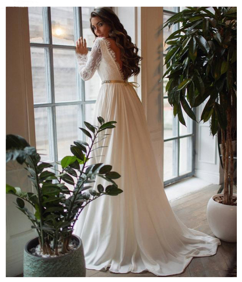 Lace Dresses Long Sleeves Bride Gowns Elegant Train White Wedding Gown Custom Made