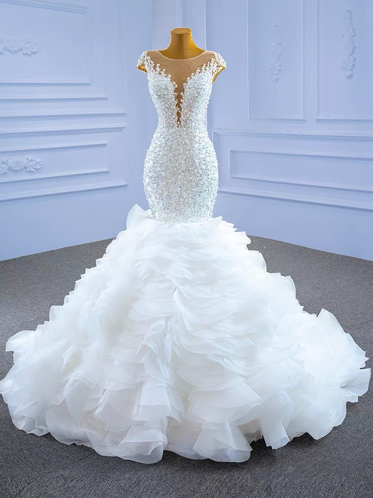 2023 African beaded Mermaid Wedding Gowns Beaded Embroidery sequined Lace Wed Dresses Sweep Train Organza Bridal Gown Formal Robes De Marie