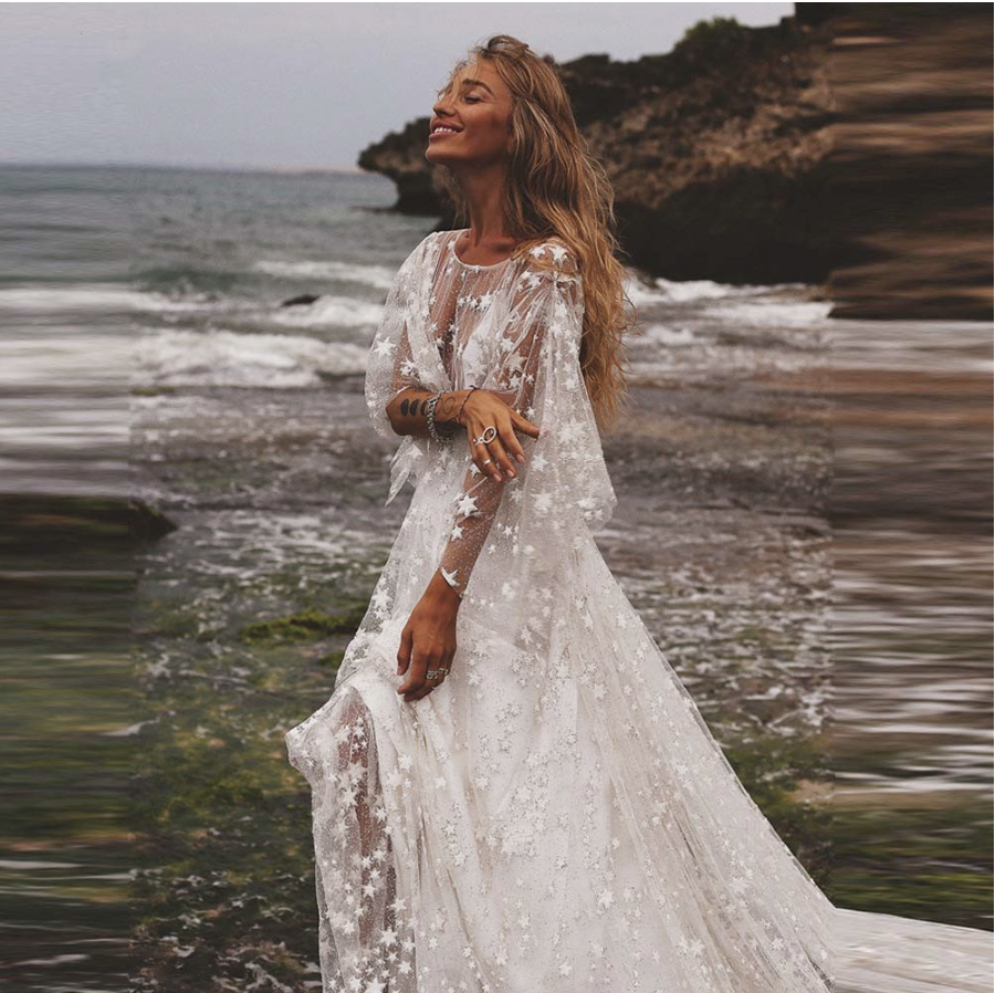 Glittering Star A e Deep V-neck Bride Beach Boho Gowns New Wedding Party Dresses