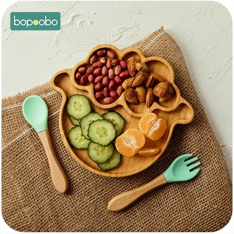 Cups Dishes Utensils 1set Baby Feeding Bowl Dinner Plate Cartoon Sheep Bamboo Kids Dinnerware With Silicone Suction Cup Wooden Fork Spoo 221104