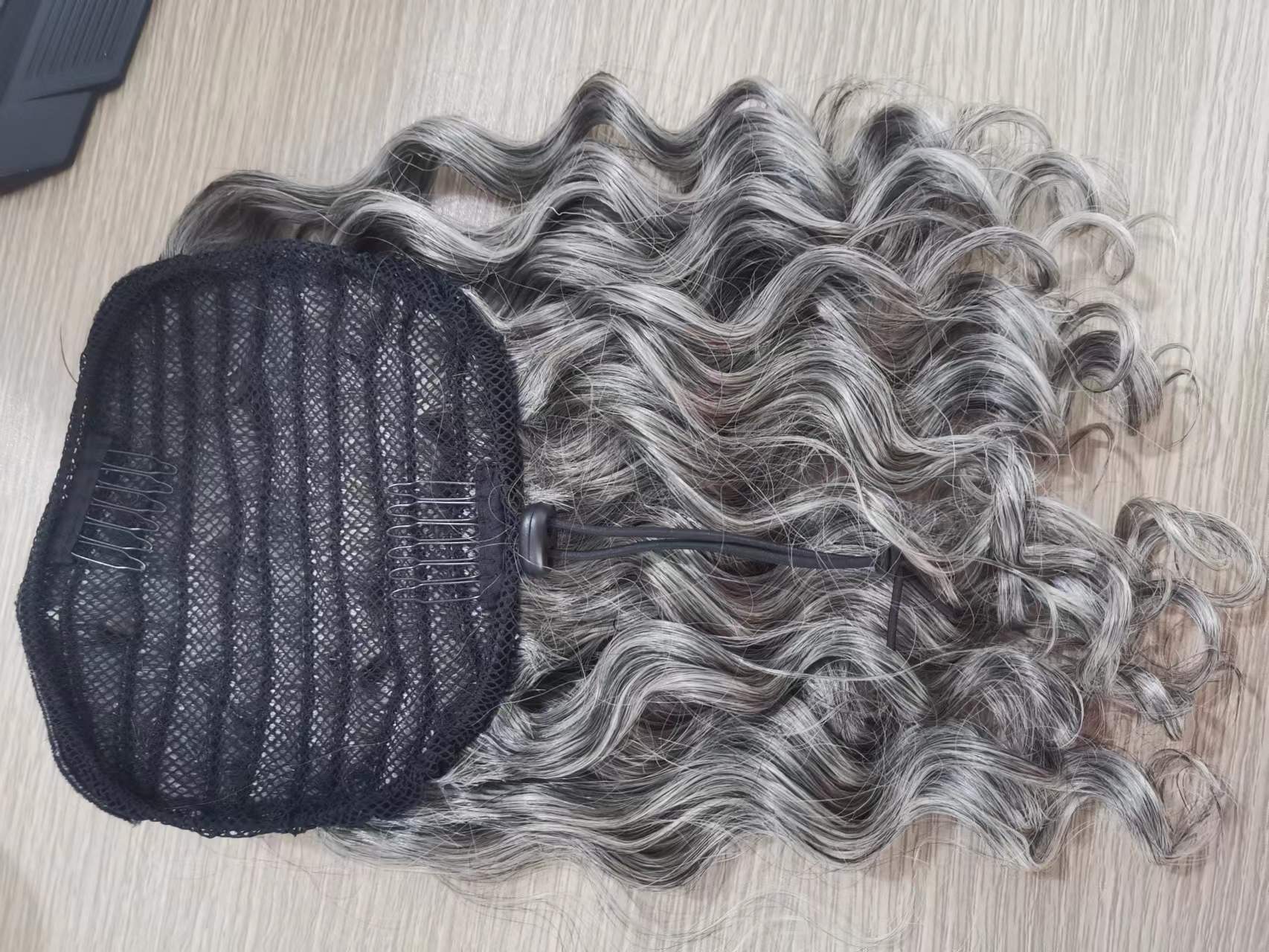 Beauty natural gray hair drawstring ponytail hairpiece effortless sustainable wavy curly silver grey women extension 10-24inch 120g