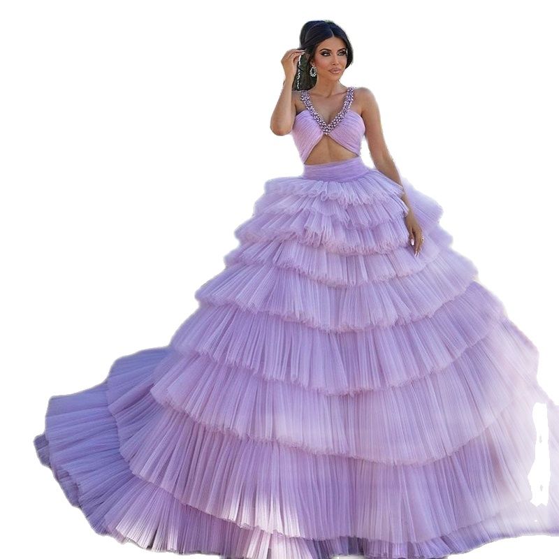 Exquisite Tiered Ruffle Evening Dresses Sexy Deep V Neck Prom Dress Elegant Sleeveless Formal Party Gowns