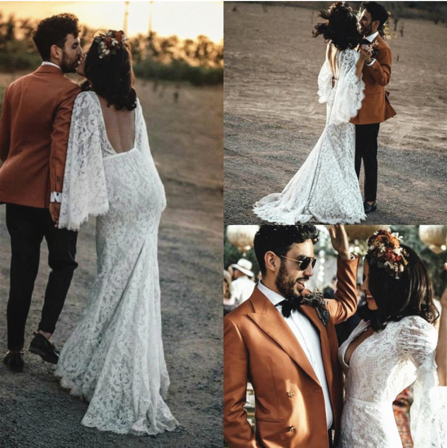 Boho Wedding Dress Mermaid Lace Long Flare Sleeve Open Backless Deep V Neck Hippie Bridal Gowns Bohemian vestido de noiva