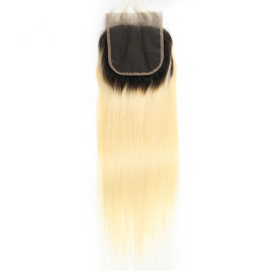 Free shipping Platinum Blonde Ombre 1b/613 Straight Closure Pre Plucked Bleached Knots Remy Human Hair 4x4 Lace Closures