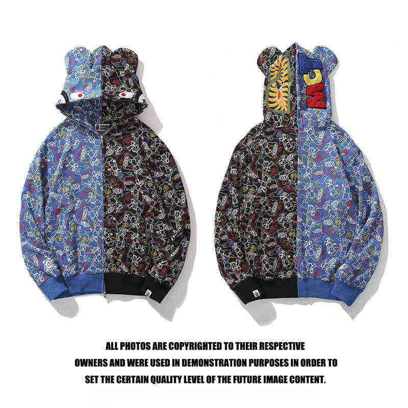 Factory Export New Designer Brand mens hoodies Sweater Bap Blue Camouflage Stitching Shark tiger head Zipper Hooded Ear Coat jackets, Blue and black stitching
Factory Export New Designer Brand mens hoodies Sweater Bap Blue Camouflage Stitching Shark tiger head Zipper Hooded Ear Coat jackets, Blue and black stitching
