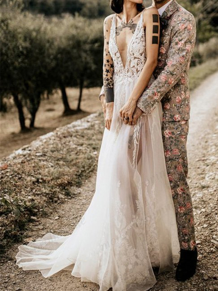 Hippie Wedding Dress Cut Side Deep V Neck Open Back High Slit Lace Tulle Bridal Gown Robe De Mariee Fashion Design Backless