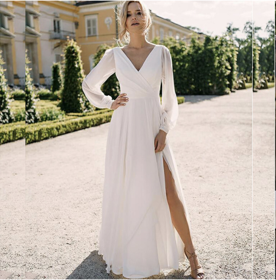 A-e Wedding Dress Simple V-Neck Bohemian Robe De Mariee Slit Long Sleeve or Length Chiffon Bridal Gowns