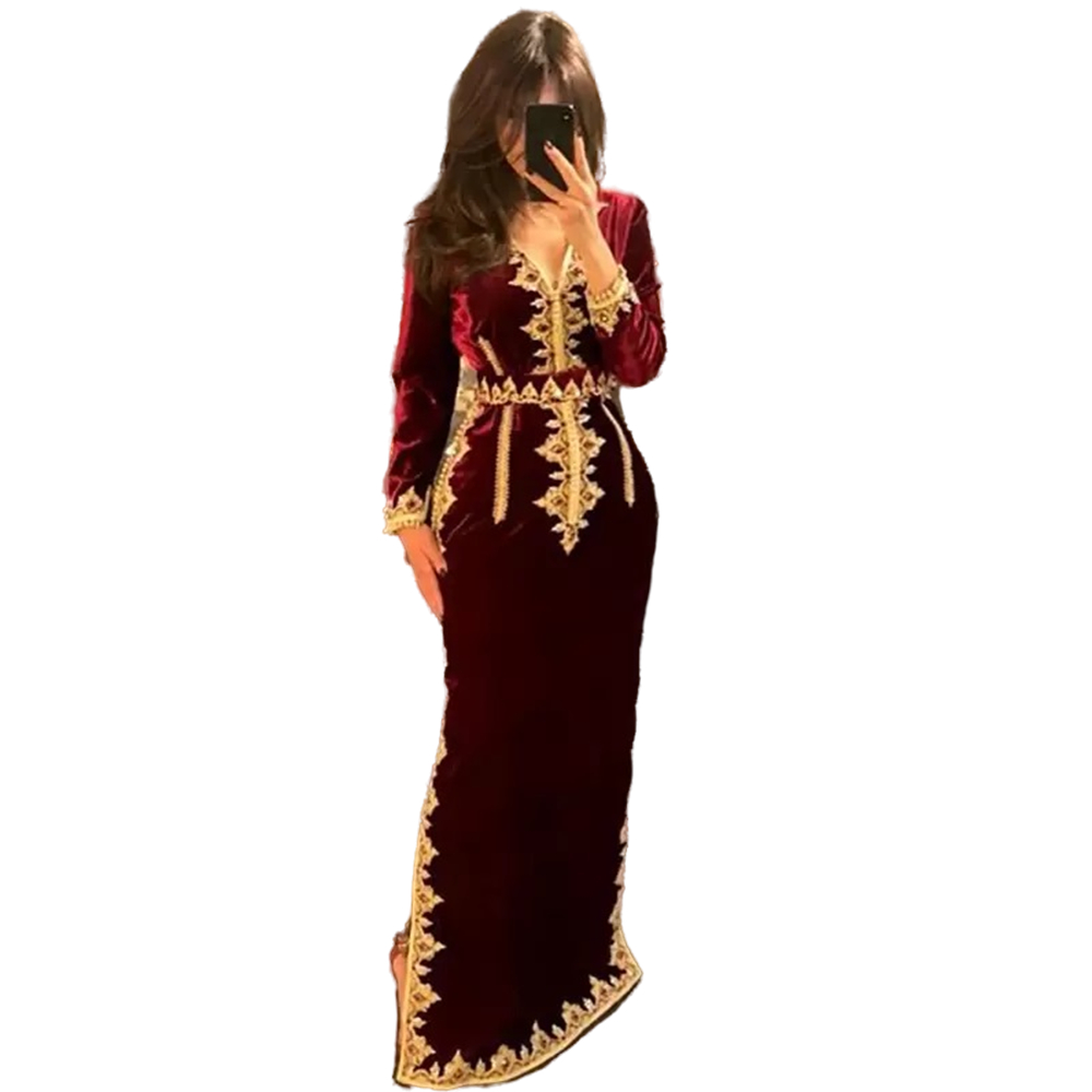 Elegant Morocco Kaftan Velvet Formal Evening Dresses V Neck Double Side Slit Long Sleeves Arabic Dubai Prom Party Gowns Gold Lace Appliques Crystals B