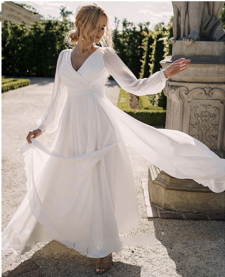 A-e Wedding Dress Simple V-Neck Bohemian Robe De Mariee Slit Long Sleeve or Length Chiffon Bridal Gowns