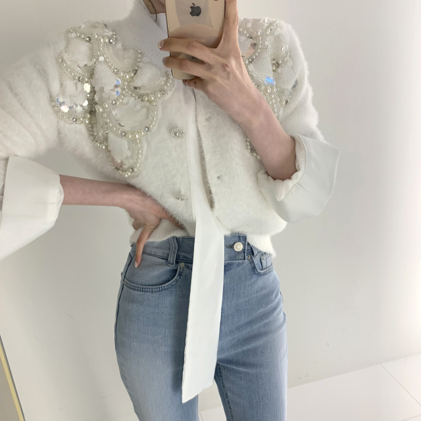 Womens O-Neck Mohair Wool Knitted Sweater Paillette Sequined Beading Rhie Patched Cardigan Real Fur Short Coat