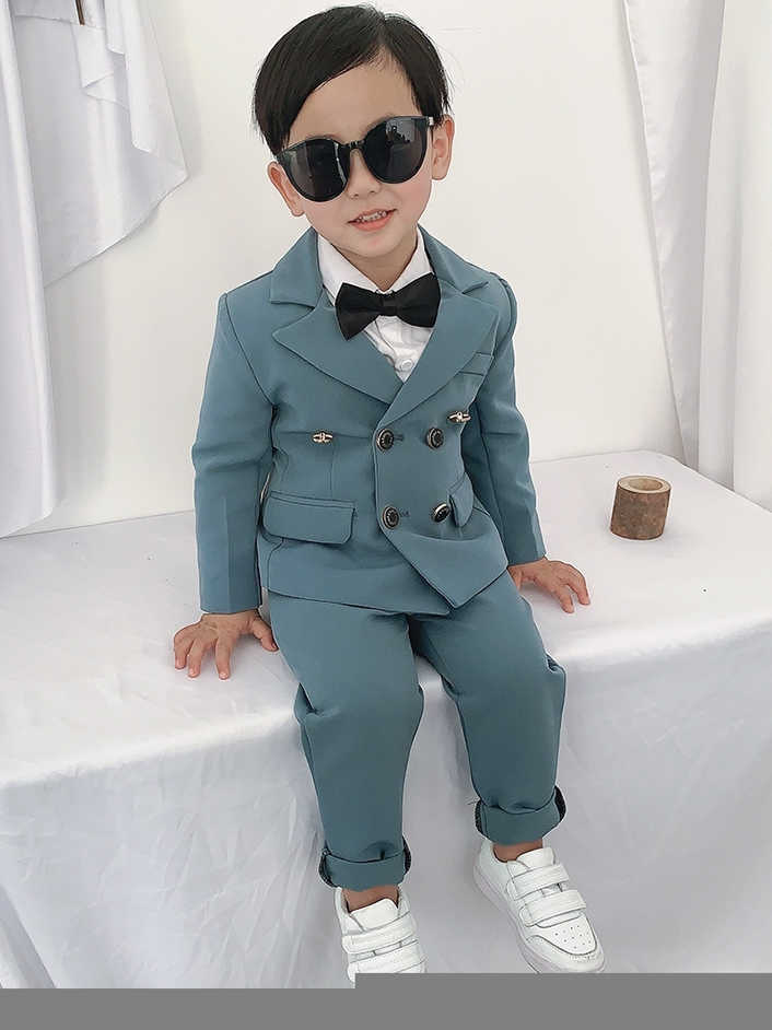 Suits Spring Autumn Child Double Breasted Suit Set Boys Pure Color Blazer Pants 2pcs Clothing Set Kids Host Party Performance Costume