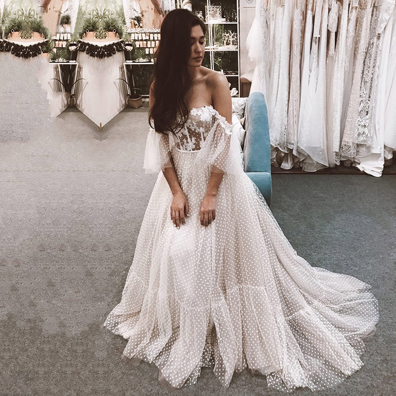Bohemian Dresses Boho Off the Shoulder Short Sleeves Polka Dot Wedding Gown A-e Corset Bridal Dress