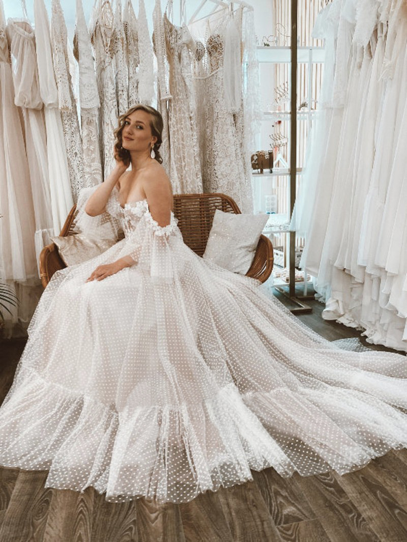 Bohemian Dresses Boho Off the Shoulder Short Sleeves Polka Dot Wedding Gown A-e Corset Bridal Dress