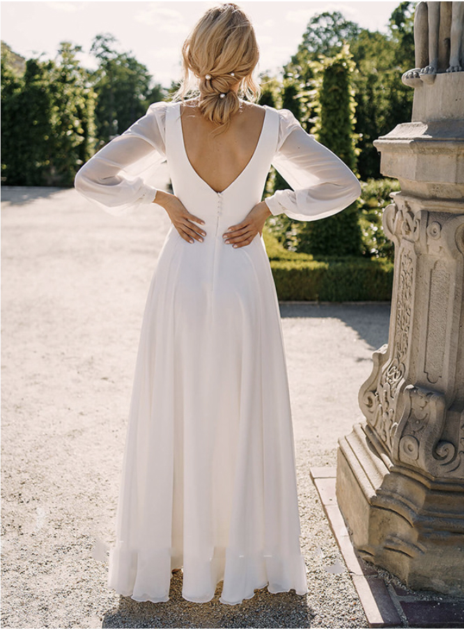 A-e Wedding Dress Simple V-Neck Bohemian Robe De Mariee Slit Long Sleeve or Length Chiffon Bridal Gowns