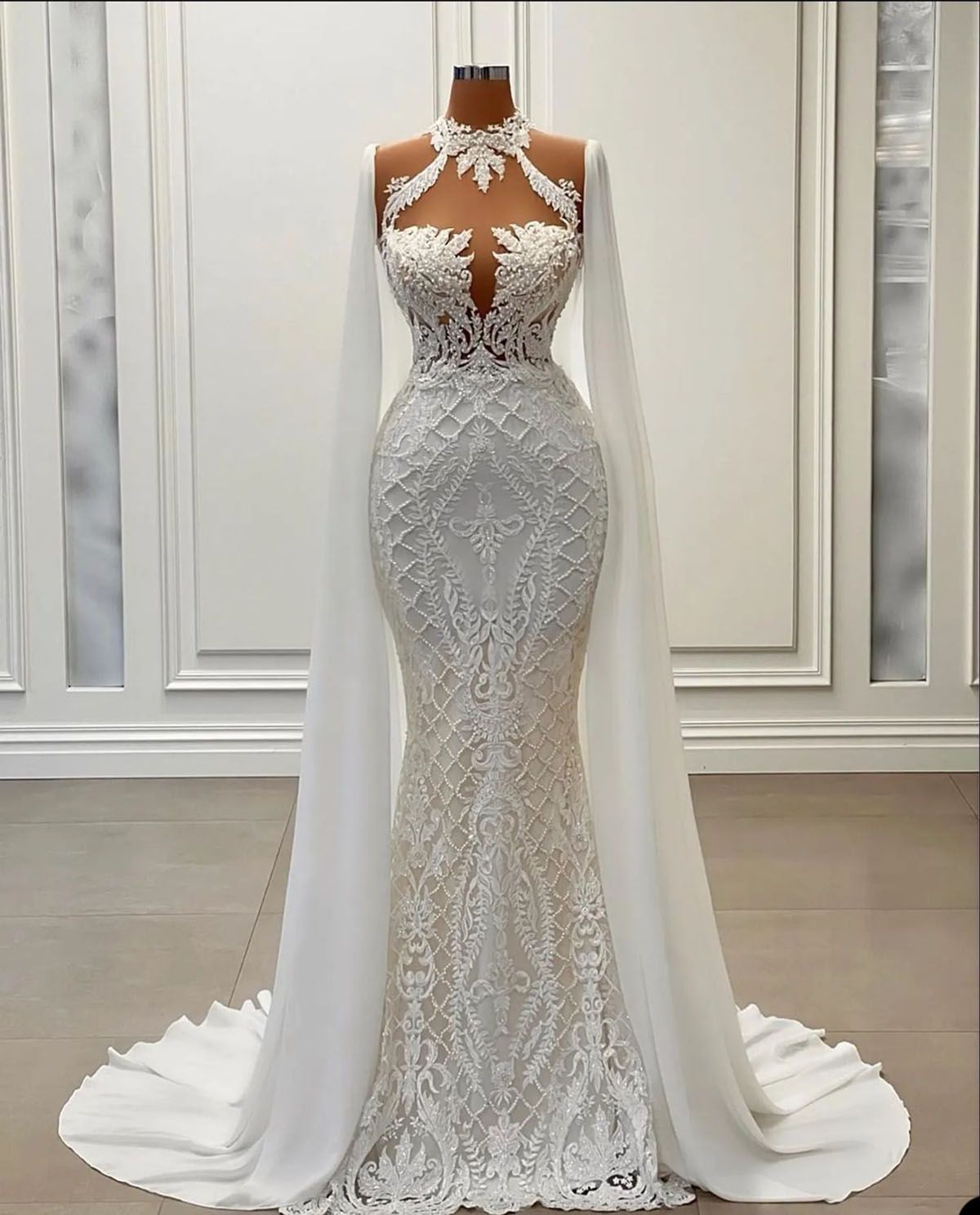 Dresses Wedding 2023 Mermaid Bridal Gown Beaded Ruffles Crystals Lace Applique High Neck with Cape Custom Made Vestidos De Novia Plus Size