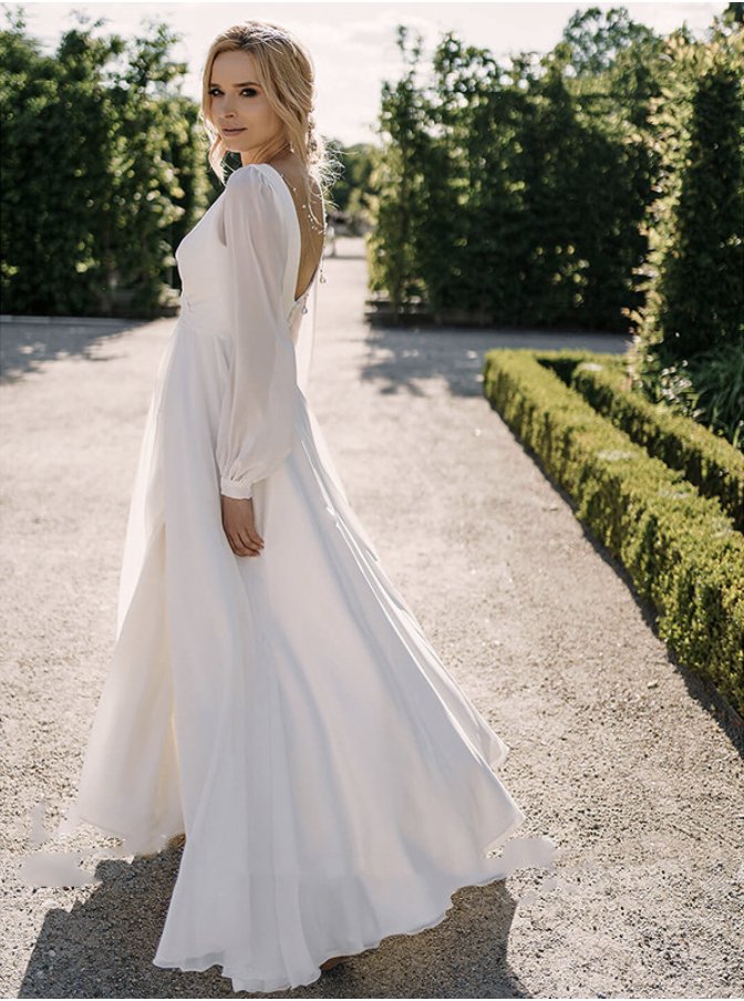 A-e Wedding Dress Simple V-Neck Bohemian Robe De Mariee Slit Long Sleeve or Length Chiffon Bridal Gowns