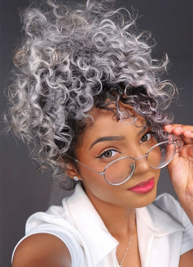 Beauty Soft curly platinum grey drawstring puff bun ponytail hair extension custom gray human hair piece 120g chignon