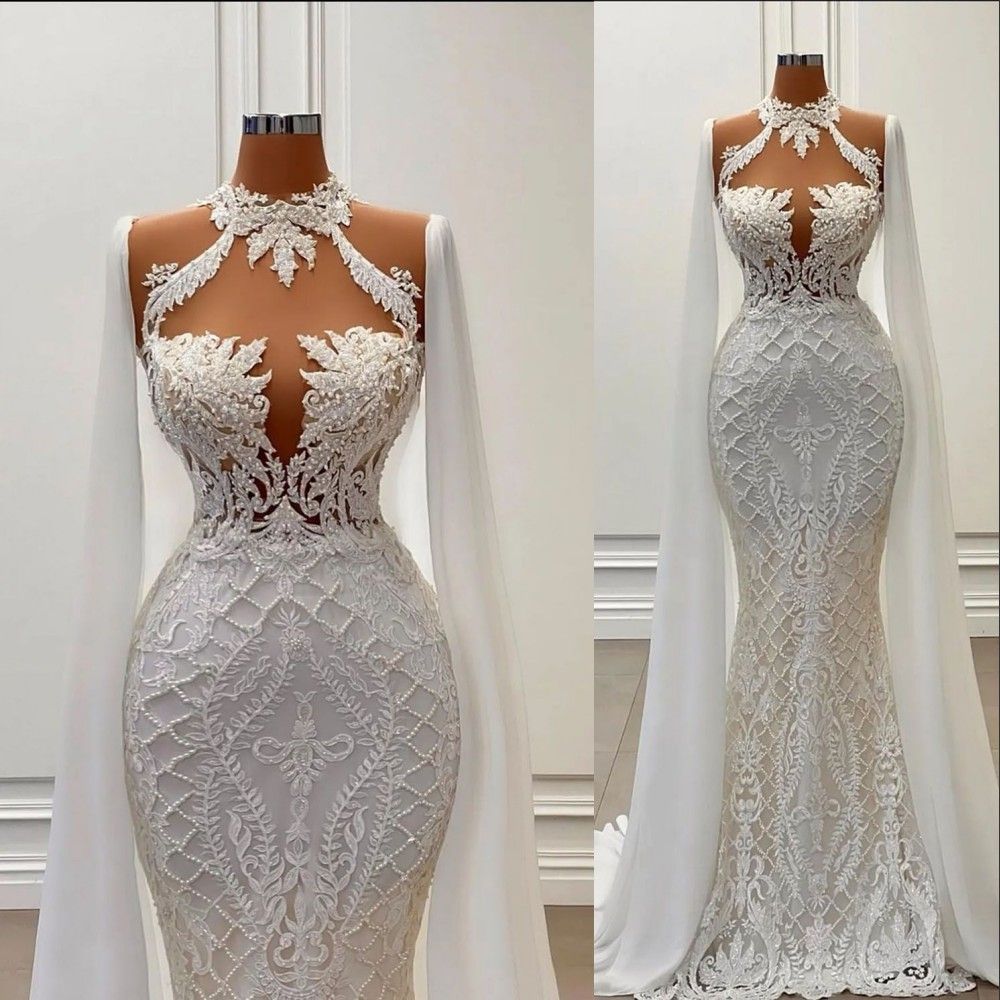 Dresses Wedding 2023 Mermaid Bridal Gown Beaded Ruffles Crystals Lace Applique High Neck with Cape Custom Made Vestidos De Novia Plus Size