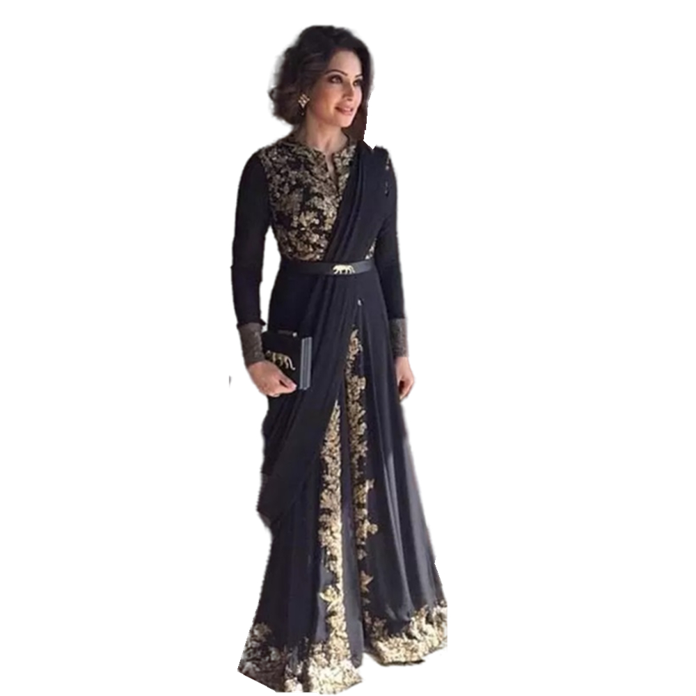 Elegant Split Front Black Evening Formal Dresses Arabic Indian Moroccan Kaftan Prom Party Gowns Gold Lace Appliques Long Sleeves Special Occasion Outf