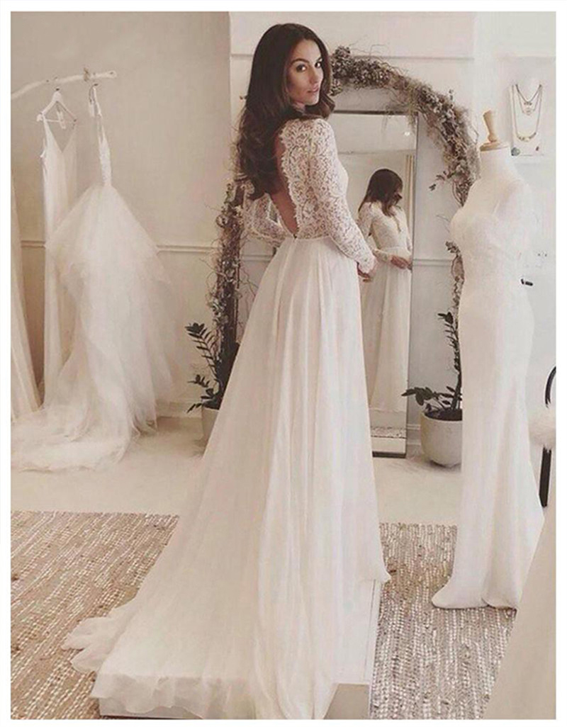 Boho Wedding Dress Long Sleeve Lace Appliques Chiffon Wedding Gown Summer Beach Bride Dresses Robe