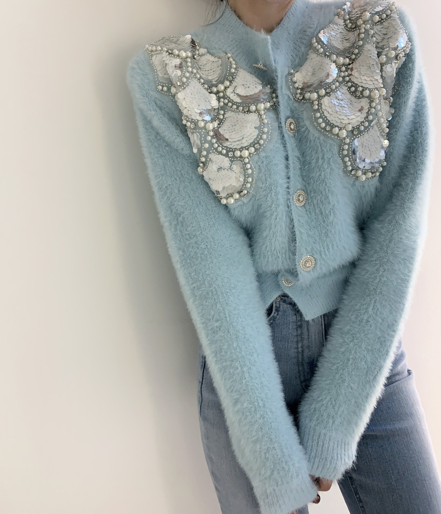 Womens O-Neck Mohair Wool Knitted Sweater Paillette Sequined Beading Rhie Patched Cardigan Real Fur Short Coat
