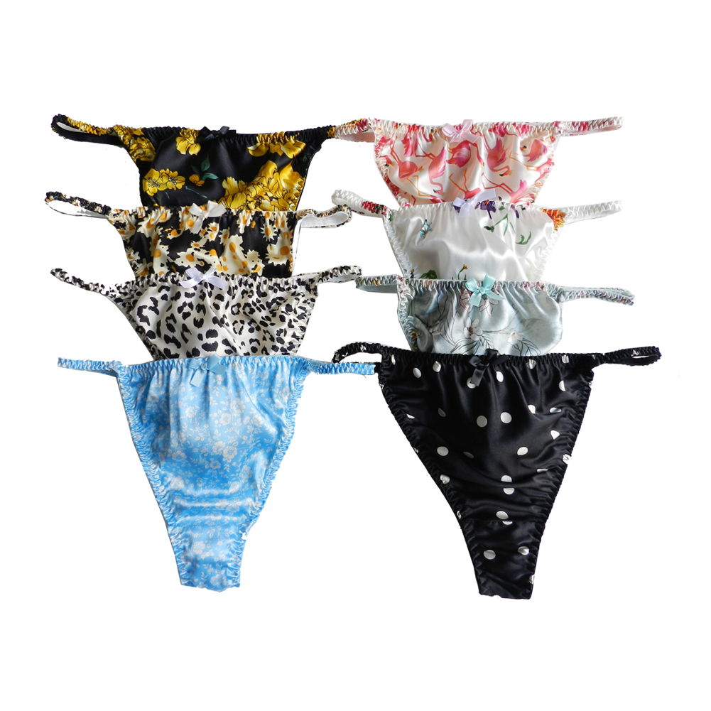 Yavorrs 8pcs Womens Silk Panties Thong Sexy G String Thongs T Back Satin Bikini Flower Underwear