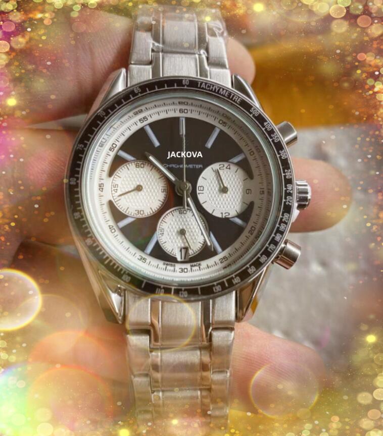 Three Eyes full functional quartz mens watches stopwatch 43mm auto date six stiches designer stainless steel noble and elegant wristwatches birthday gifts, As pic