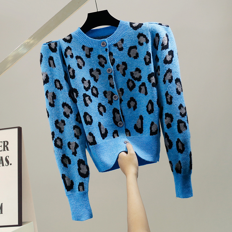 Womens o-neck puff long sleeve leopard print knitted sweater cardigan coat