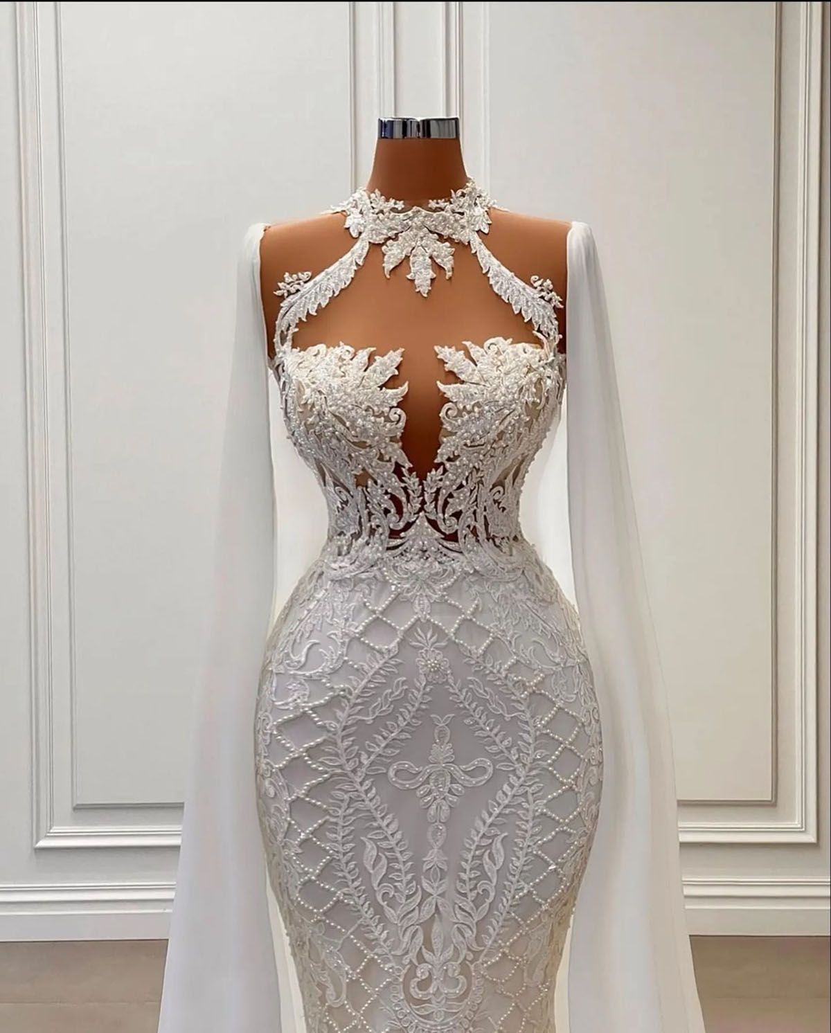 Dresses Wedding 2023 Mermaid Bridal Gown Beaded Ruffles Crystals Lace Applique High Neck with Cape Custom Made Vestidos De Novia Plus Size