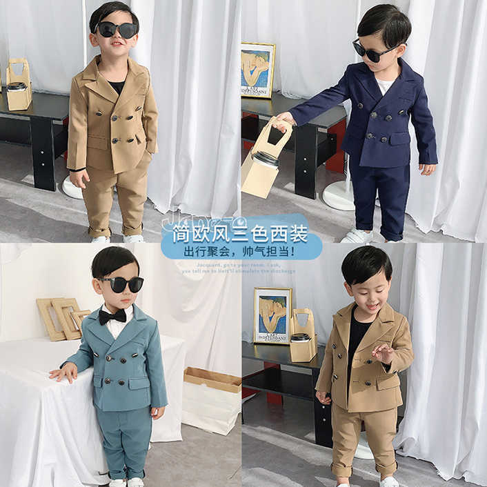 Suits Spring Autumn Child Double Breasted Suit Set Boys Pure Color Blazer Pants 2pcs Clothing Set Kids Host Party Performance Costume
