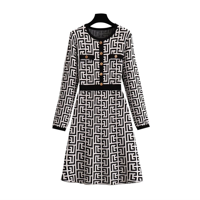 Luxury women Dresses Casual Dress double jacquard embroidery knitted Sweaters O-Neck Sexy suit Long Sleeve Shirt Dress One-piece Skirt Club Clothing