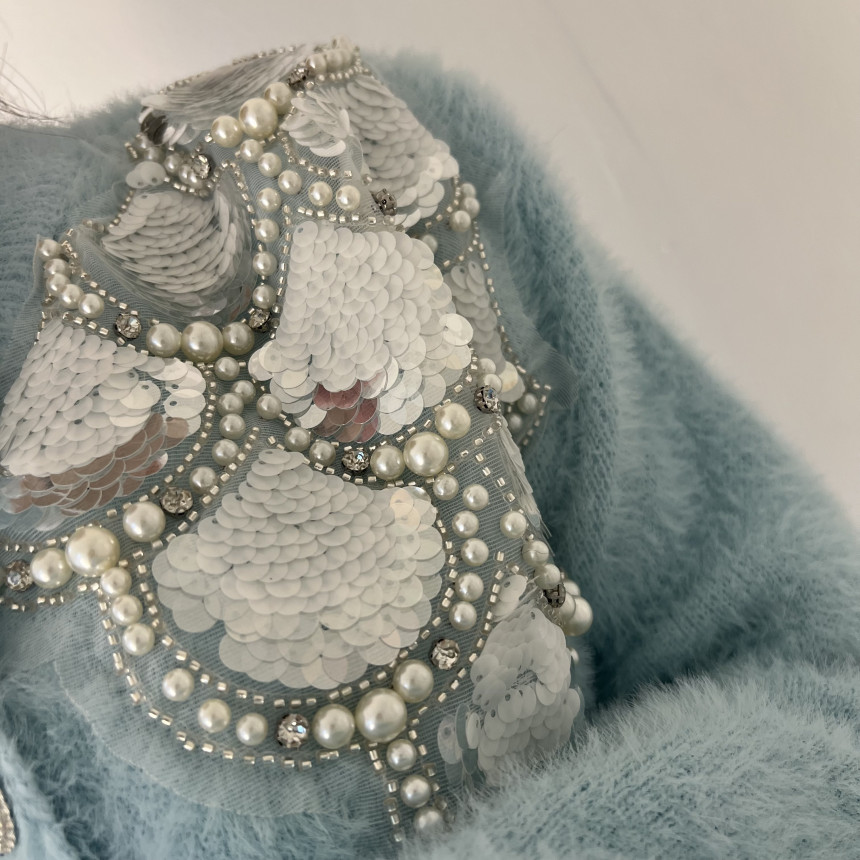 Womens O-Neck Mohair Wool Knitted Sweater Paillette Sequined Beading Rhie Patched Cardigan Real Fur Short Coat