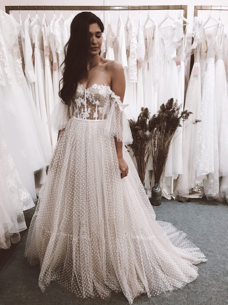 Bohemian Dresses Boho Off the Shoulder Short Sleeves Polka Dot Wedding Gown A-e Corset Bridal Dress