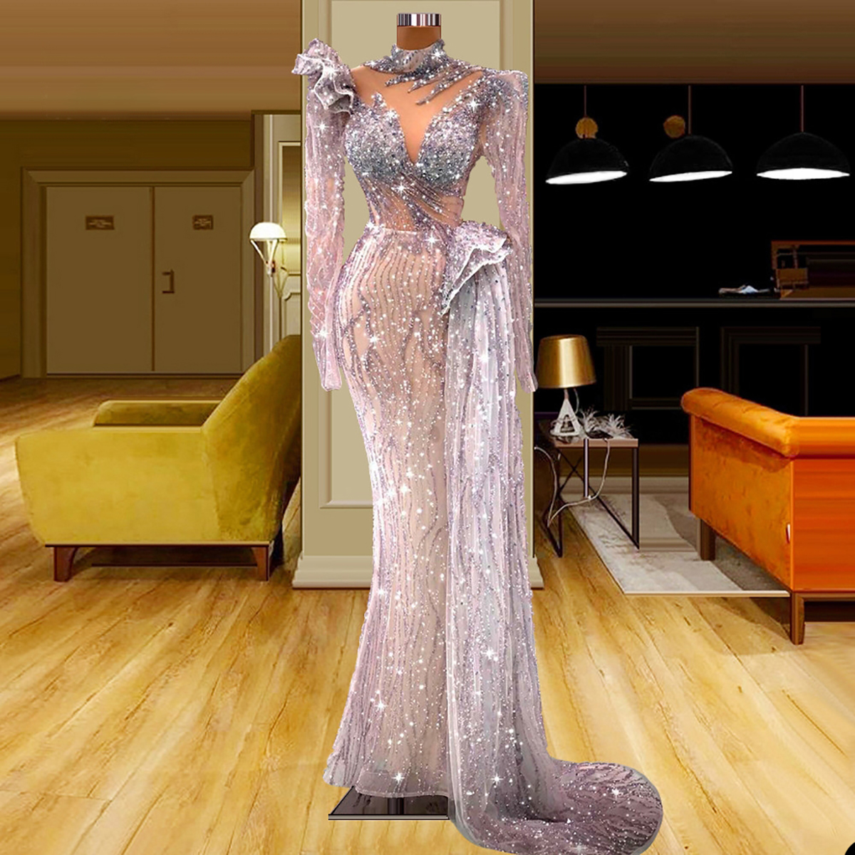 Sparkling Prom Dresses Long Sleeves Halter V Neck Appliques Sequins Beaded Evening Dresses Lace Floor Length Celebrity Evening Dress Gowns Plus Size C