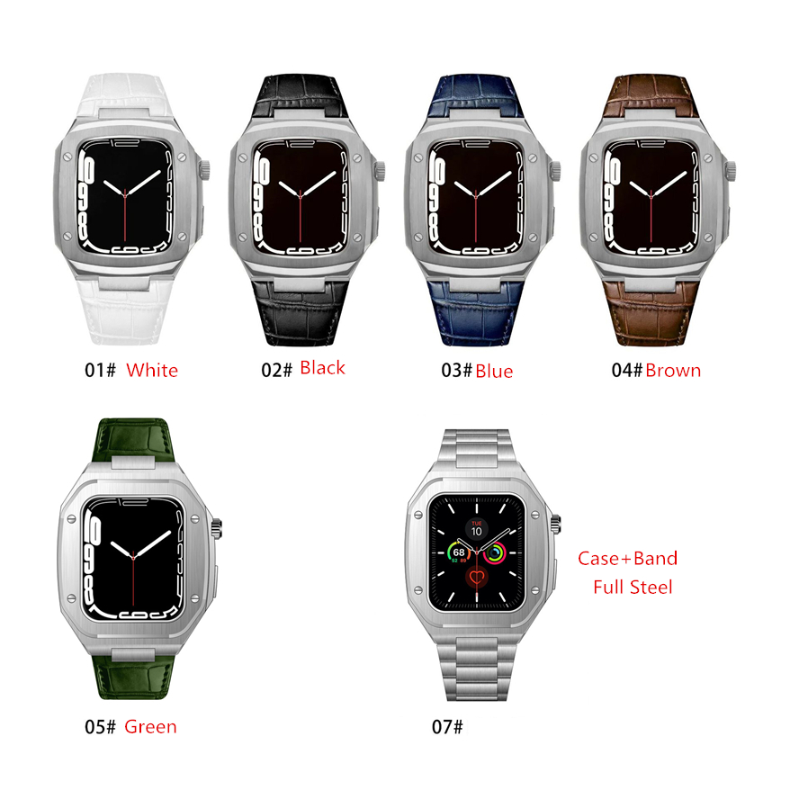 Luxury AP Modified Stainless Steel Protective Case Bracelet Leather Straps Watchband Butterfly Clasp Band Fit iWatch Series 8 7 6 5 4 For Apple Watch 44 45mm Wristband