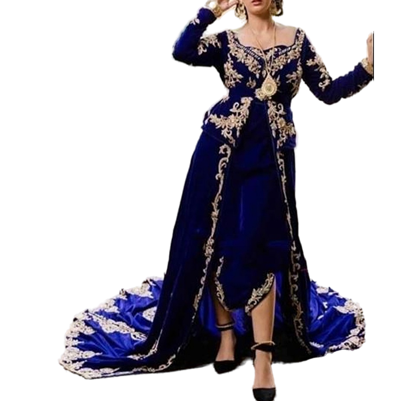 Traditional Karakou Kaftan Mariage Evening Dresses Royal Blue Velvet Long Sleeves Formal Party Gowns Gold Lace Appliques Crystals Beaded Arabic Prom C