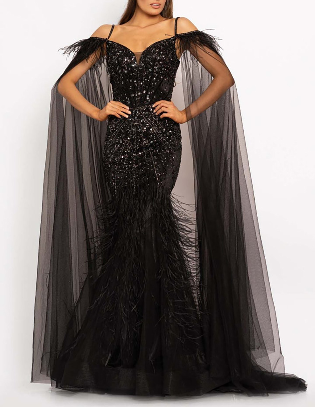 Elegant Prom Dress Mermaid V-Neck Sleeveless with Net Cover the Shoulder Backless Stain Beaded and Feather Court Custom Made Evening Dress Plus Size R