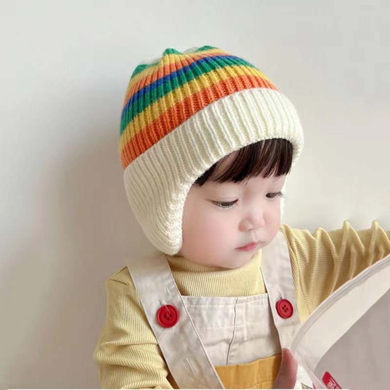 Warm Children Cap Winter Hooded Rainbow Colors Knitted Beanies With Ears Protection Cute Baby Skull Caps