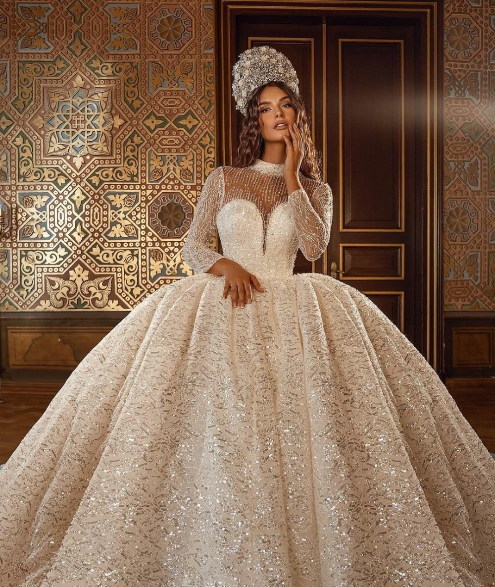 Dubai Wedding Dresses Plus Size Lace Sequined Cathedral Bridal Gowns Custom Made Long Sleeve Vintage vestido de