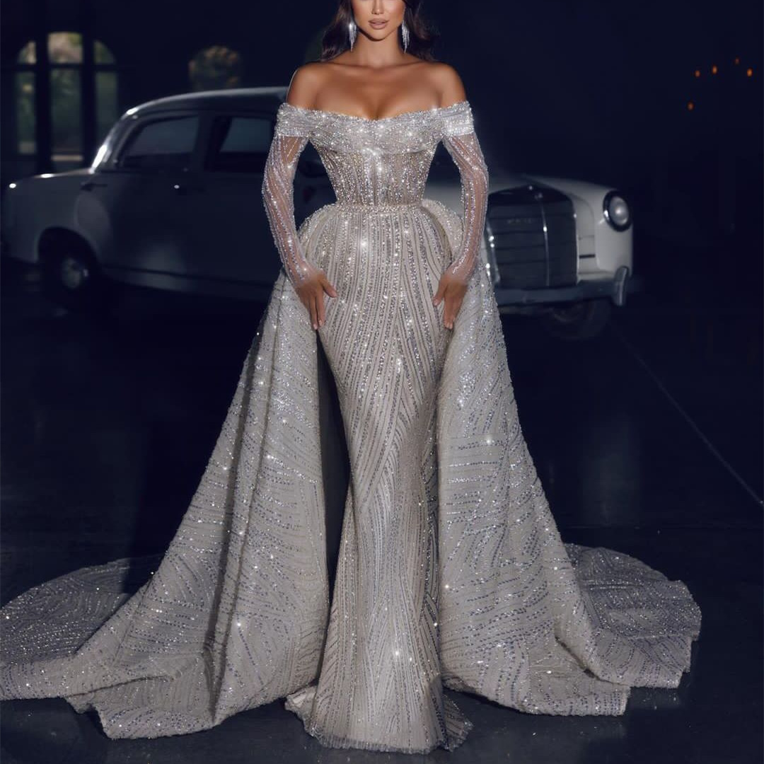 Sparkg Wedding Long Sleeves Bateau Off Shoulder Sequins Appliques 3D Lace Formal Dresses Detachable Bridal Gowns Sweep Train Vestido de novia