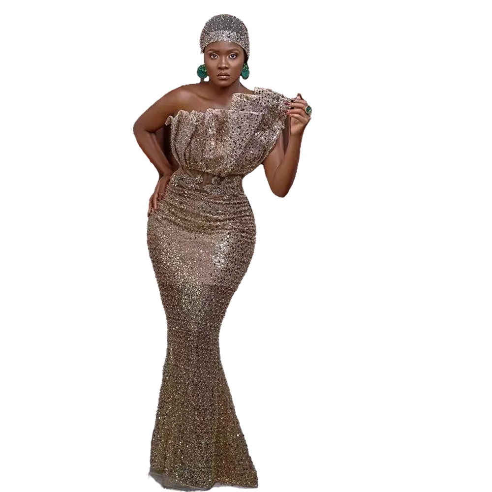 Aso Ebi Glitter Sequin Mermaid Prom Dresses Rose Gold Ruched One Shoulder Nigerian Formal Evening Gowns African Women Long Special Occasion Wear Sleev