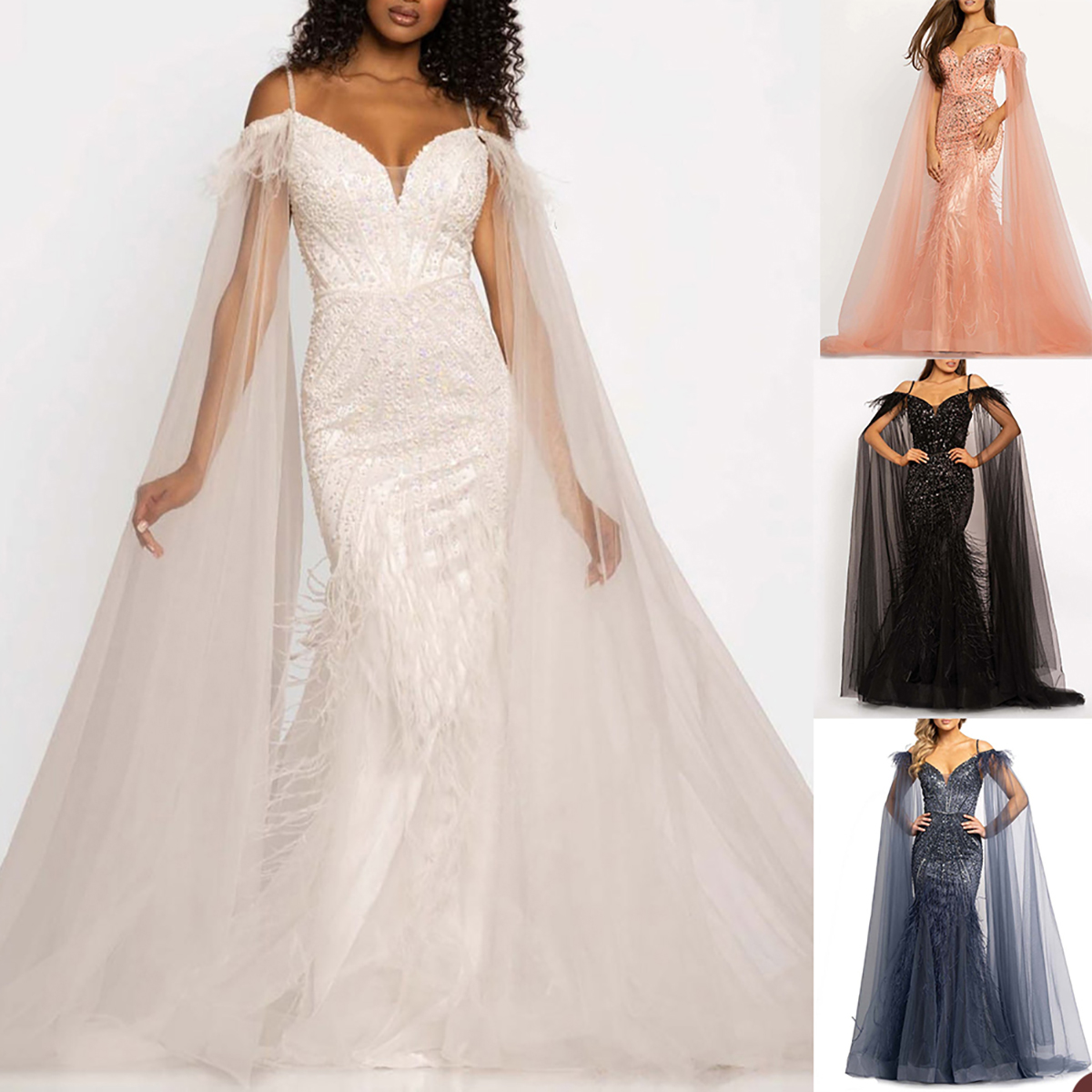 Elegant Prom Dress Mermaid V-Neck Sleeveless with Net Cover the Shoulder Backless Stain Beaded and Feather Court Custom Made Evening Dress Plus Size Robes, Silver
Elegant Prom Dress Mermaid V-Neck Sleeveless with Net Cover the Shoulder Backless Stain Beaded and Feather Court Custom Made Evening Dress Plus Size Robes, Silver